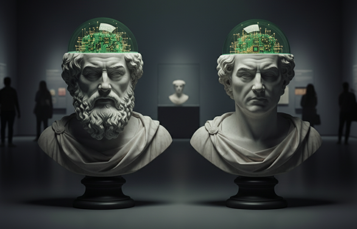 Classical marble busts of a historic mathematicians with the top of the head made of glass, revealing a glowing AI brain inside.